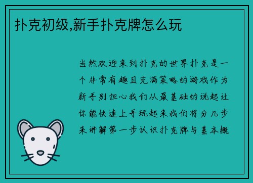 扑克初级,新手扑克牌怎么玩